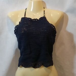 Milk & Honey Womens Small Blue Crochet Halter Top Lace Up Floral Back Boho
